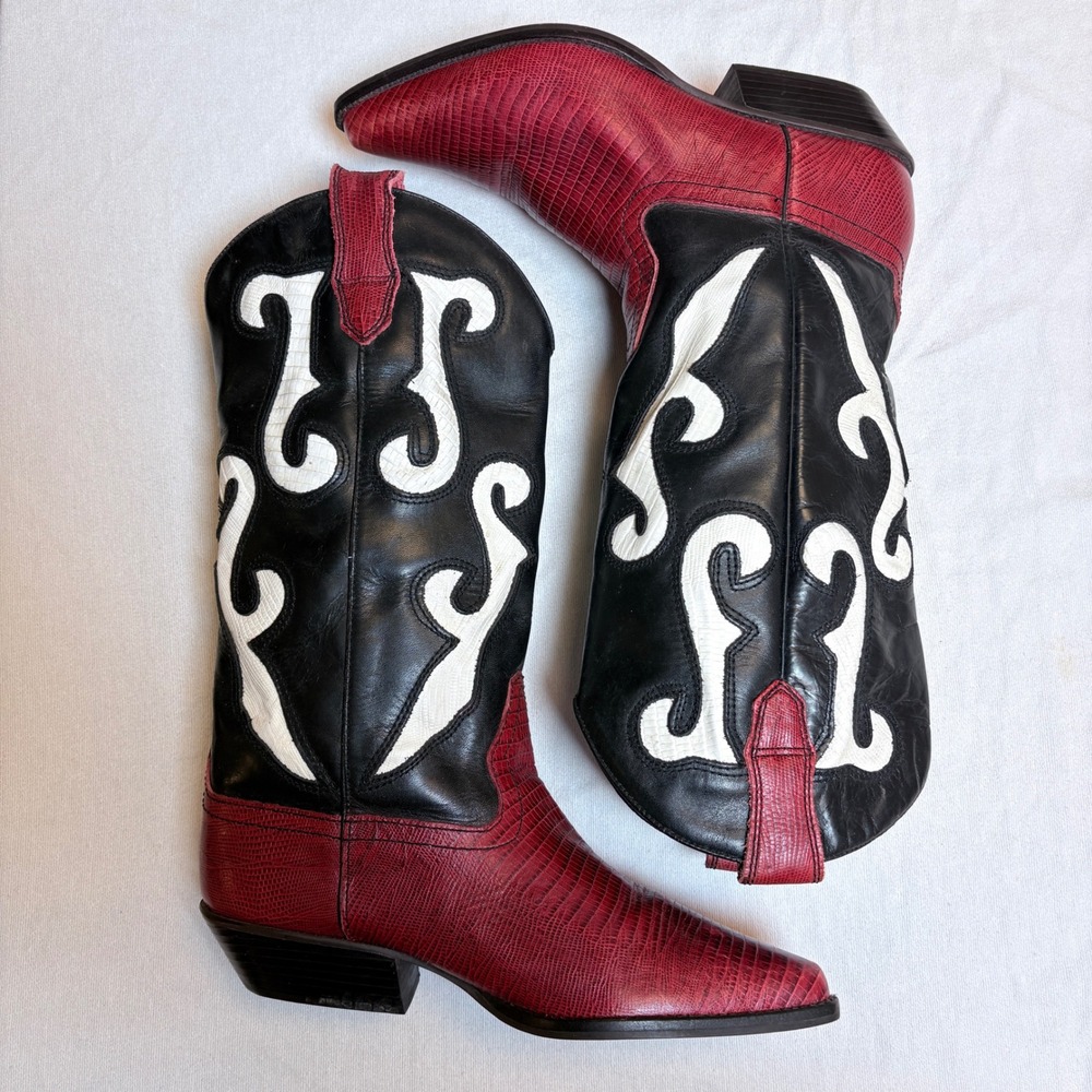 Vtg Red Black Embossed Romnee Leather Western Cowgirl Boots White Inlay 7.5M